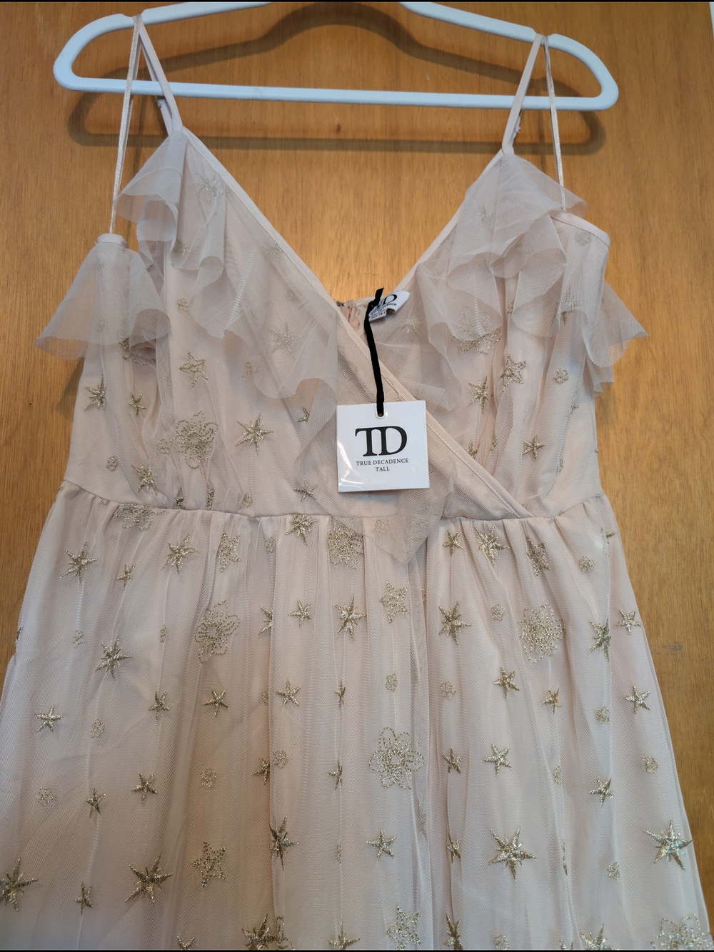 True Decadence Blush Maxi Dress with Gold Star Embroidery